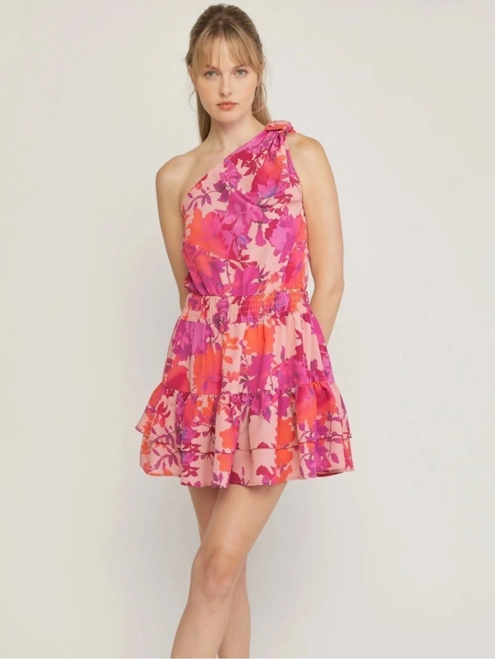 Entro Mini Dress Vibrant Pink Red Floral Print One Shoulder Ruffle Tiered Sz L